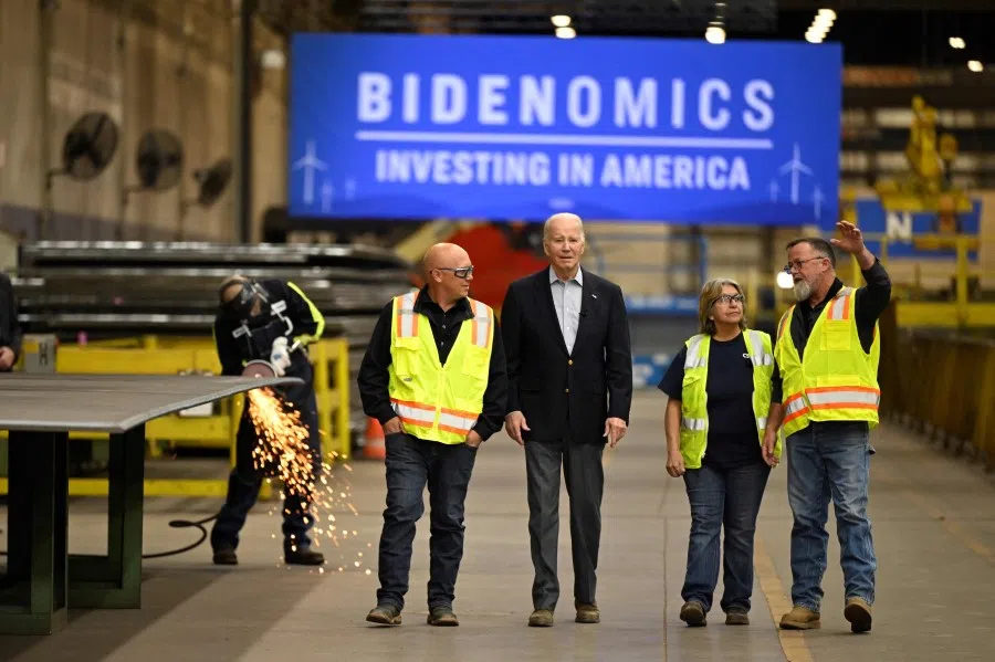 US President Joe Biden tours CS Wind, the largest wind tower manufacturer in the world, in Pueblo, Colorado, on 29 November 2023. (Andrew Caballero-Reynolds/AFP)