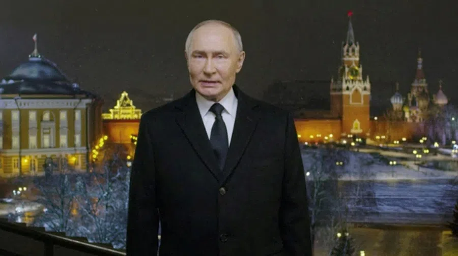 Russian President Vladimir Putin makes his annual New Year televised address to the nation in Moscow, Russia, in this still image from a video broadcast on 31 December 2024. (Kremlin.ru/Handout via Reuters)