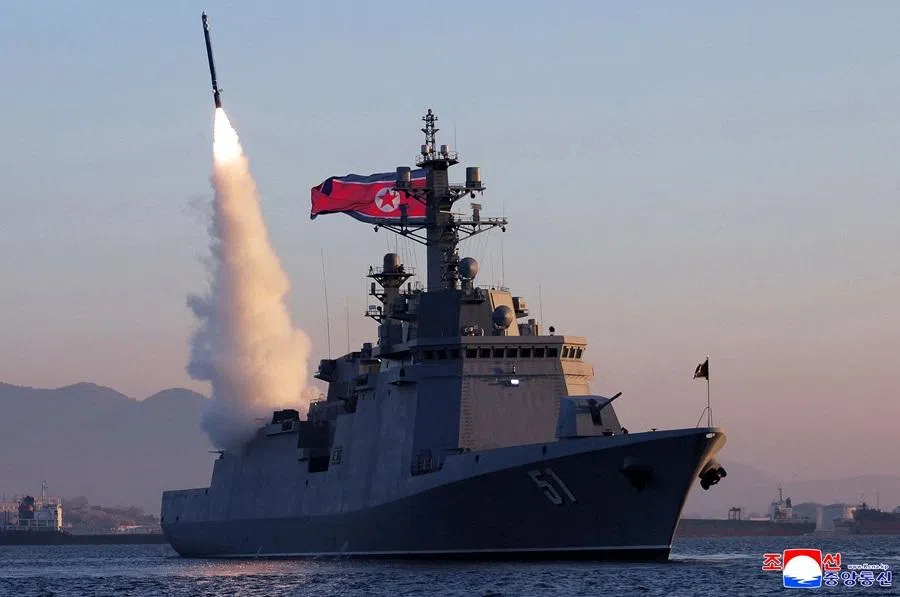 This picture taken on 12 April 2026 and released by North Korea's official Korean Central News Agency (KCNA) on 14 April 2026 shows the destroyer Choe Hyon conducting a test-fire of a missile at an undisclosed location in North Korea. (KCNA via KNS/AFP)