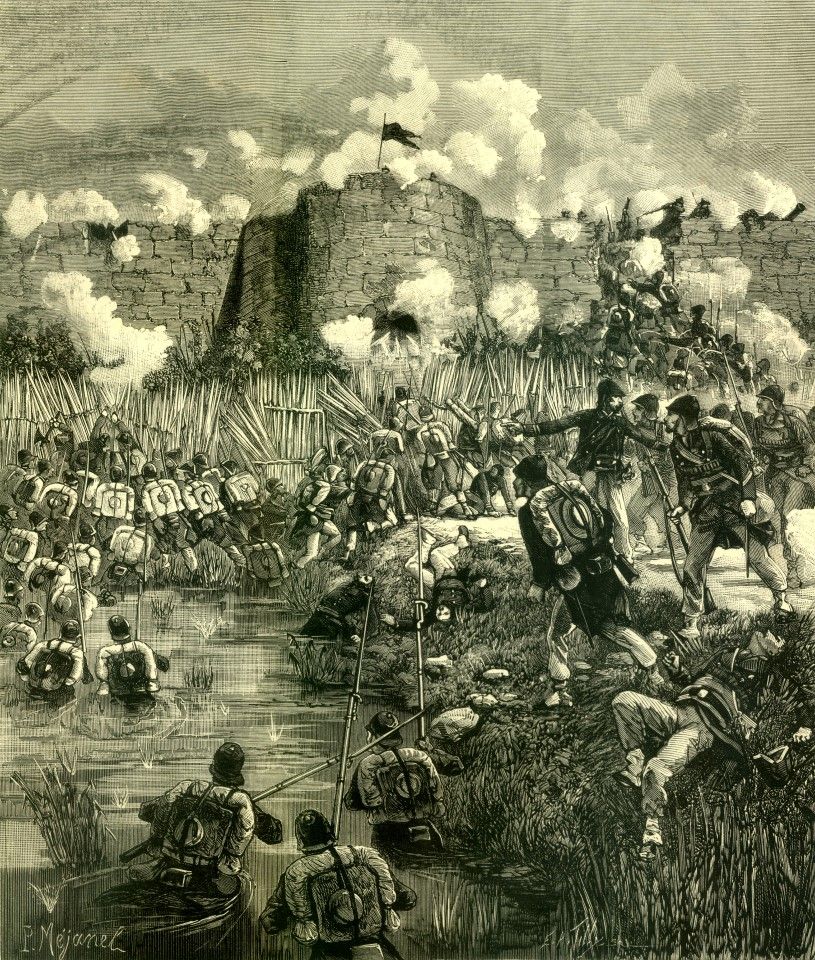 An image of French troops attacking Shanxi city during the Sino-French War, also known as the Tonkin War, 1884.