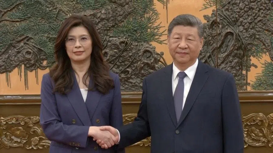 Cheng Li-wun, chairperson of the Kuomintang (KMT), Taiwan's largest opposition party, shakes hands with Chinese President Xi Jinping at the Great Hall of the People in Beijing, China on 10 April 2026, in this screengrab from a video provided by CTI.