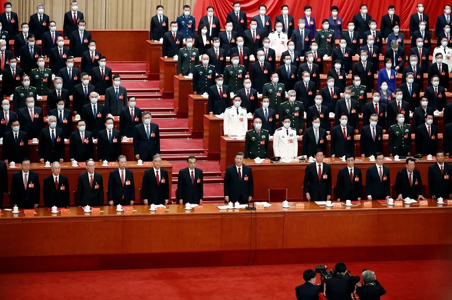 Chinese President Xi Jinping and other officials attend the closing ceremony of the 20th Party Congress of the Communist Party of China, at the Great Hall of the People in Beijing, China, 22 October 2022. (Tingshu Wang/Reuters)