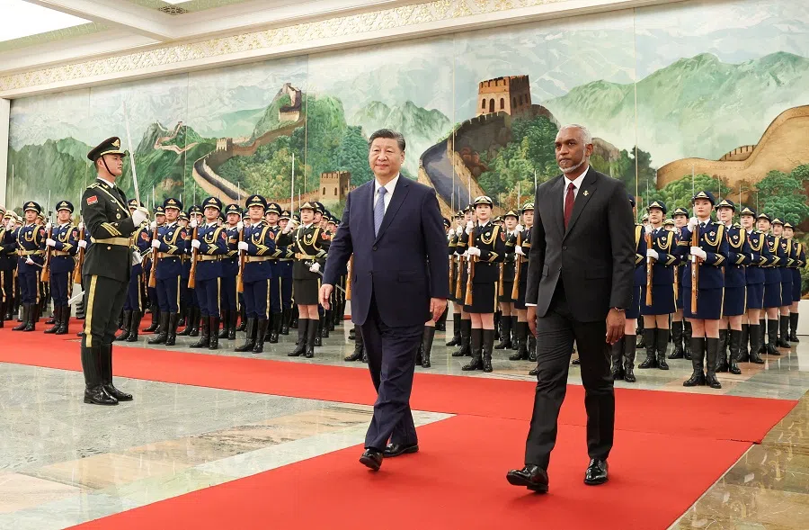 Chinese President Xi Jinping and Maldivian President Mohamed Muizzu attend a welcome ceremony at the Great Hall of the People in Beijing, China, on 10 January 2024. (CNS photo via Reuters)
