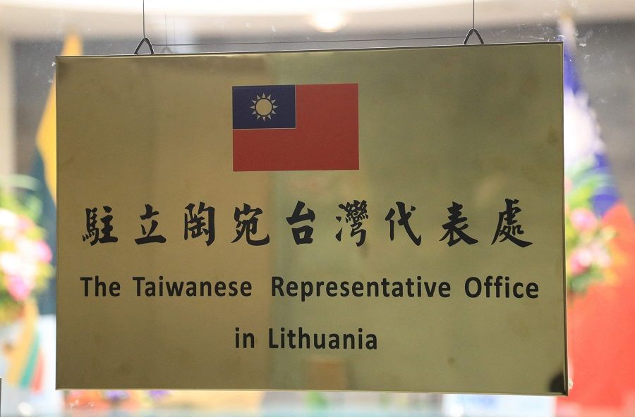 Picture taken on 18 November 2021 shows the name plaque at the Taiwanese Representative Office in Lithuania, Vilnius. (Petras Malukas/AFP)