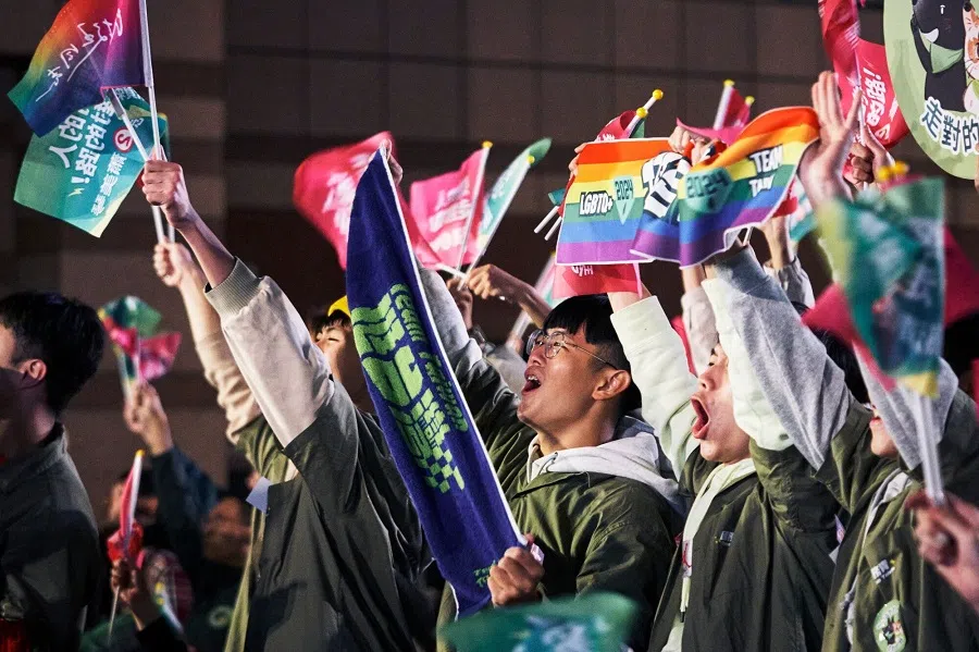 Supporters at an election night rally outside the Democratic Progressive Party's headquarters during the presidential election in Taipei, Taiwan, on 13 January 2024. (An Rong Xu/Bloomberg)