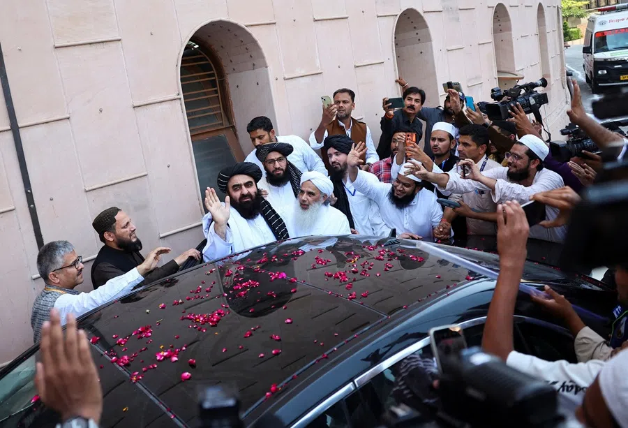 Taliban Foreign Minister Mawlawi Amir Khan Muttaqi arrives at Darul Uloom Deoband, an Islamic seminary, in Deoband in northern state of Uttar Pradesh, India, 11 October 2025. (Anushree Fadnavis/Reuters)