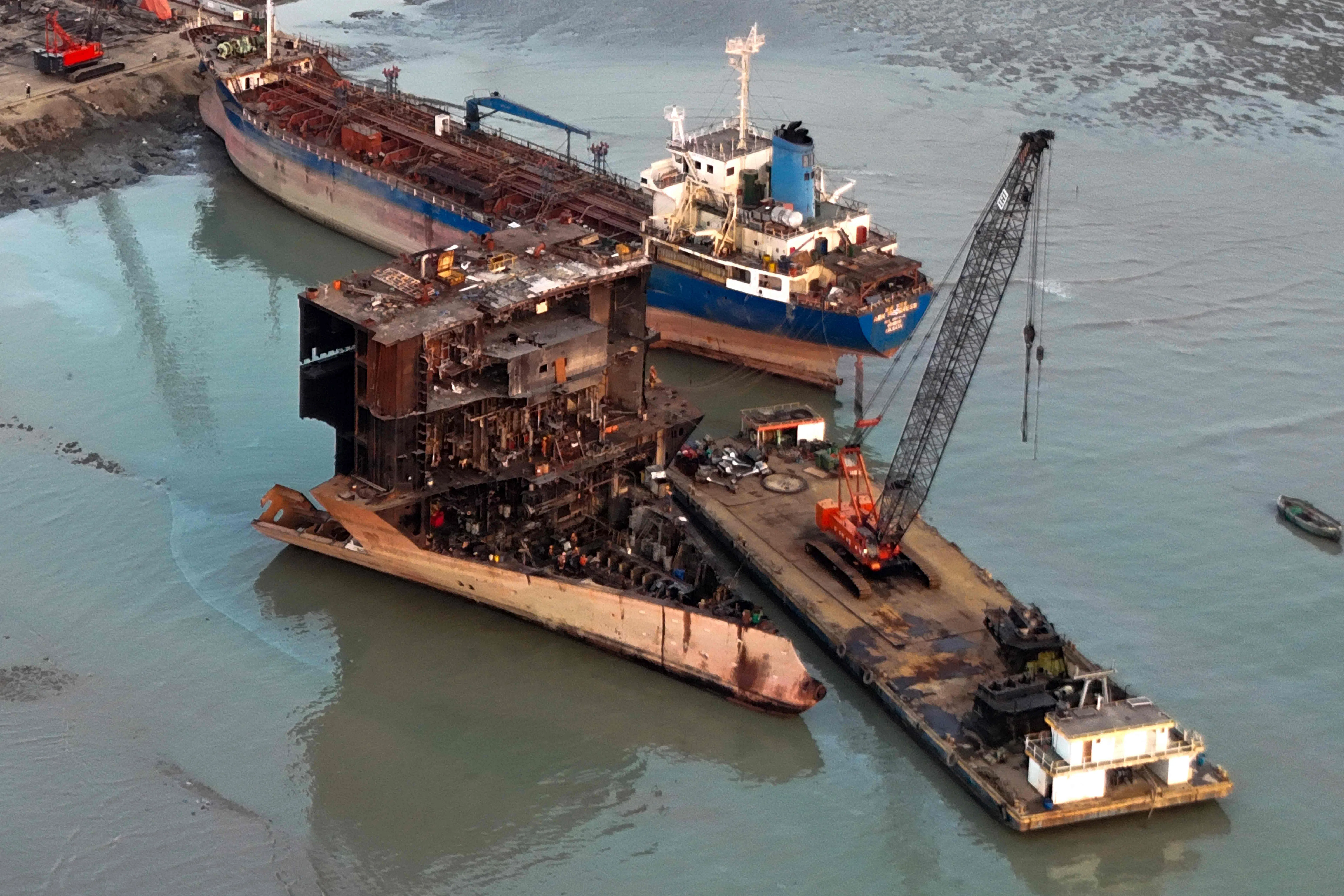 This aerial photograph taken on 17 February 2025 shows a general view of a shipbreaking yard in Bangladesh’s southern port city of Chittagong. (Munir Uz Zaman/AFP)