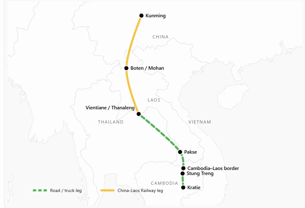 A map of the path of the China-Laos Railway.