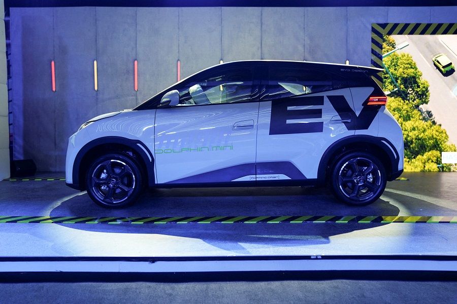The BYD Dolphin Mini is displayed as the Chinese electric vehicle producer announces the launch of the low-cost EV in Mexico City, Mexico, on 28 February 2024. (Toya Sarno Jordan/Reuters)