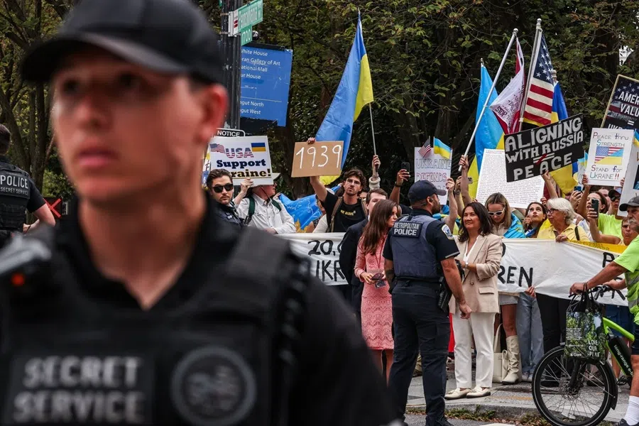 Demonstrators during a rally for Ukraine outside the White House in Washington, DC, US, on 18 August 2025.