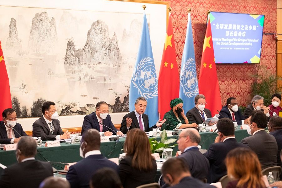 Chinese State Councilor and Foreign Minister Wang Yi (centre) chairs the Ministerial Meeting of the Group of Friends of the Global Development Initiative, on 20 September 2022, in New York, US. (CNS)