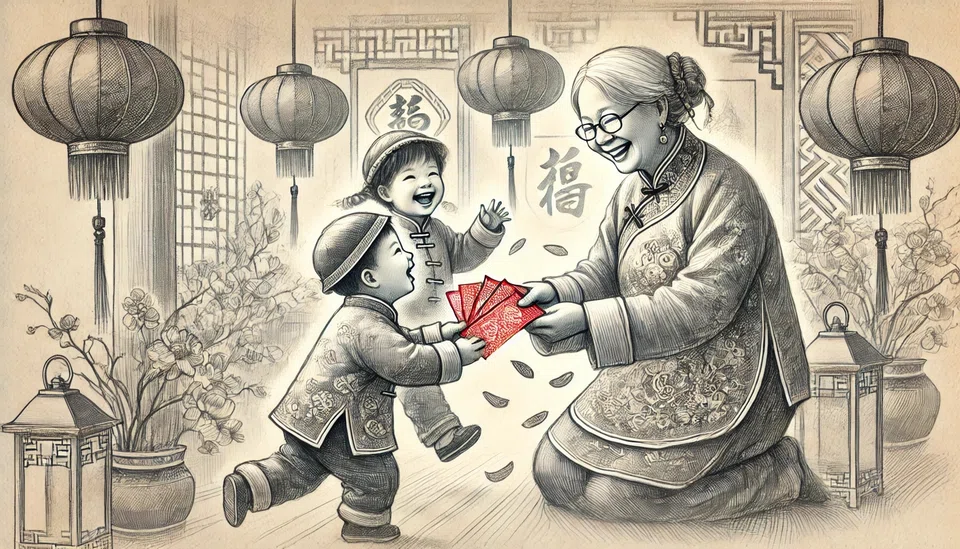 During Chinese New Year, it is a tradition to give out and receive red packets. (Image generated by Lu Lingming with assistance from ChatGPT)