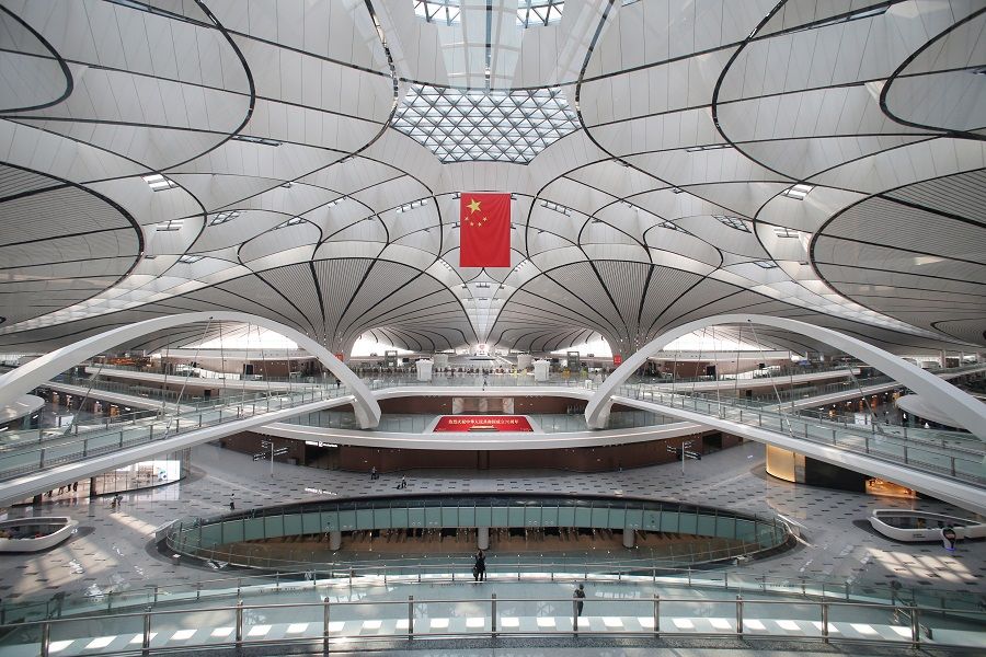 An inner view of the terminal hall of the newly launched Daxing International Airport ahead of the 70th founding anniversary of the People's Republic of China, on the outskirts of Beijing, China, 28 September 2019. (Jason Lee/Reuters)