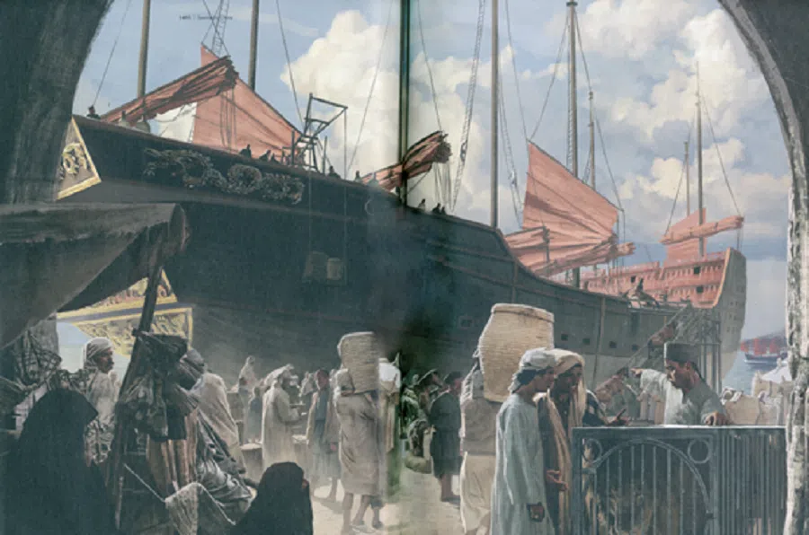 An illustration from German magazine GEO EPOCHE, showing Zheng He’s fleet arriving at the Arabian peninsula.