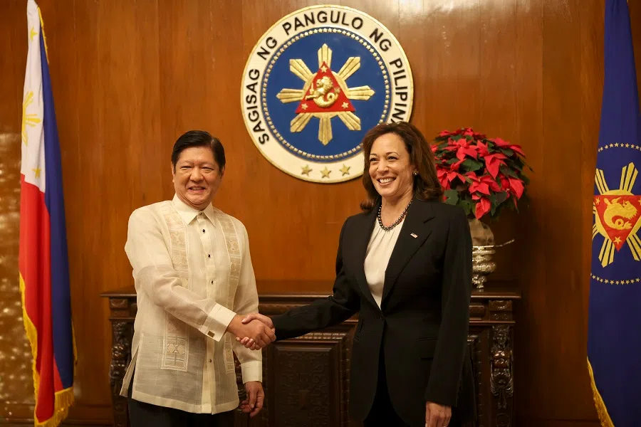 US Vice-President Kamala Harris shakes hands with Philippines President Ferdinand “Bongbong” Marcos Jr at the Malacanang presidential palace in Manila, Philippines, 21 November 2022. (Eloisa Lopez/Reuters)