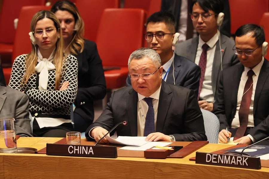 Fu Cong, China's permanent representative to the UN, speaks during a UN Security Council meeting on the situation in the Middle East, including the Palestinian question at the UN headquarters on 16 December 2025 in New York City. (Michael M. Santiago/Getty Images via AFP)