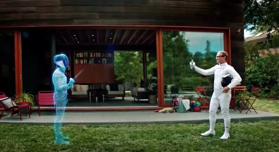 Facebook CEO Mark Zuckerberg is seen fencing in the "Metaverse" with an Olympic gold medal fencer during a live-streamed virtual and augmented reality conference to announce the rebrand of Facebook as Meta, in this screen grab taken from a video released 28 October 2021. (Facebook/Handout via Reuters)