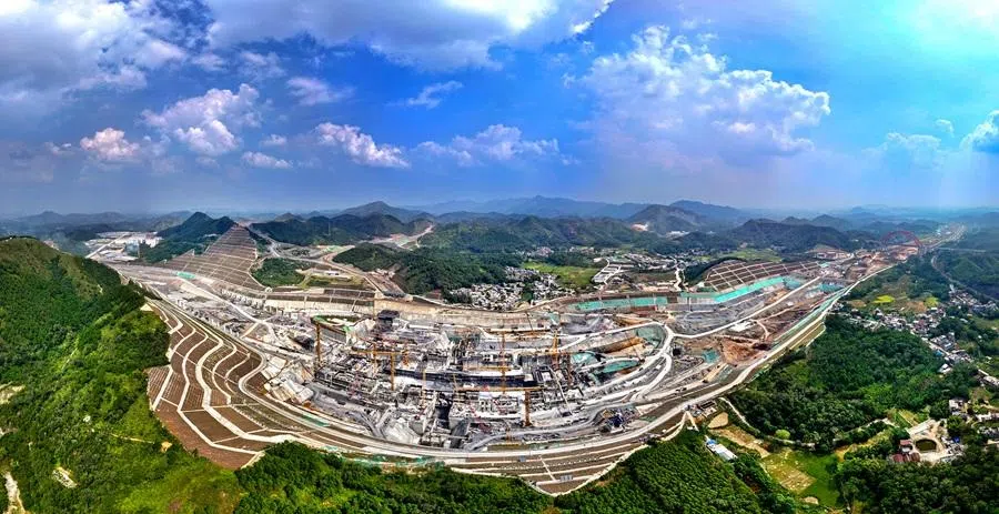 Aerial view of one section of the Pinglu Canal under construction in the Guangxi region. (Pinglu Canal Group)