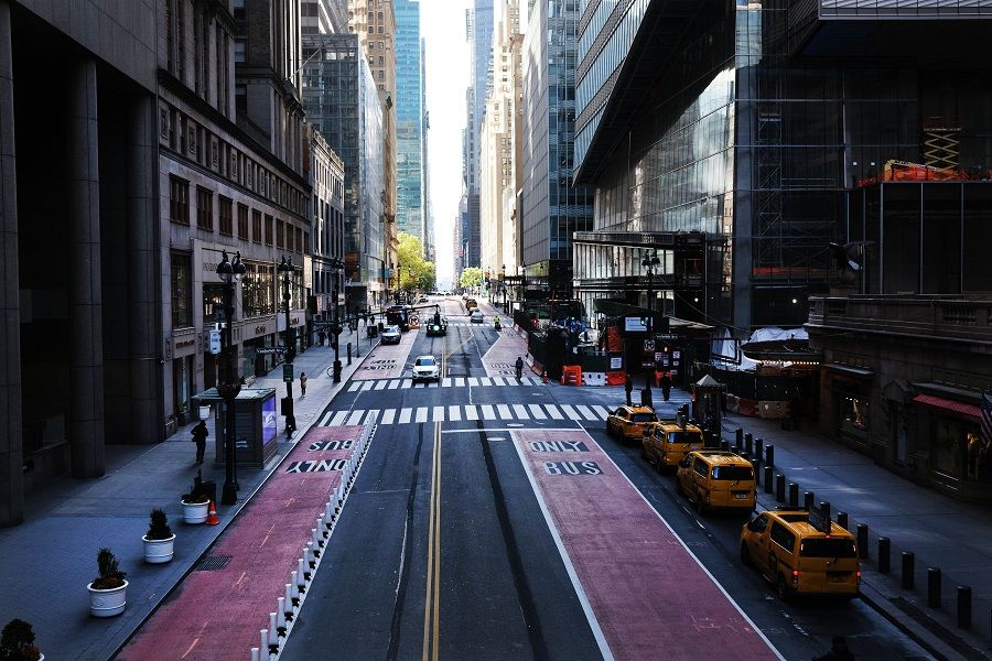 Usually one of the most congested streets in Manhattan, 42nd Street stands nearly empty on 12 May 2020 in New York City. (Spencer Platt/Getty Images/AFP)