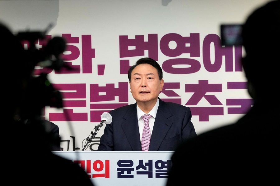 Yoon Suk-yeol, the presidential election candidate of South Korea's main opposition People Power Party (PPP), speaks during a news conference at the party's headquarters in Seoul, South Korea, 24 January 2022. (Ahn Young-joon/ Pool via Reuters)
