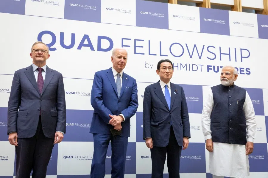 (From left) Australian Prime Minister Anthony Albanese, US President Joe Biden, Japanese Prime Minister Fumio Kishida and Indian Prime Minister Narendra Modi attend the Japan-U.S.-Australia-India Fellowship Founding Celebration event, in Tokyo, Japan, 24 May 2022. (Yuichi Yamazaki/Pool via Reuters)