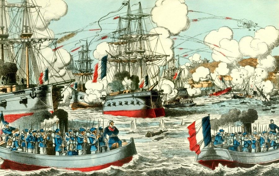 A colour illustration on 8 April 1884 shows the Battle of Fuzhou, with a shower of gunfire from French vessels and the Fujian Fleet either sinking or damaged.