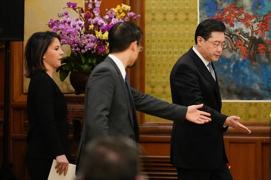 Chinese Foreign Minister Qin Gang (right) and Germany's Foreign Minister Annalena Baerbock (left) attend a joint press conference at the Diaoyutai State Guesthouse in Beijing, China, on 14 April 2023. (Suo Takekuma /Pool/AFP)