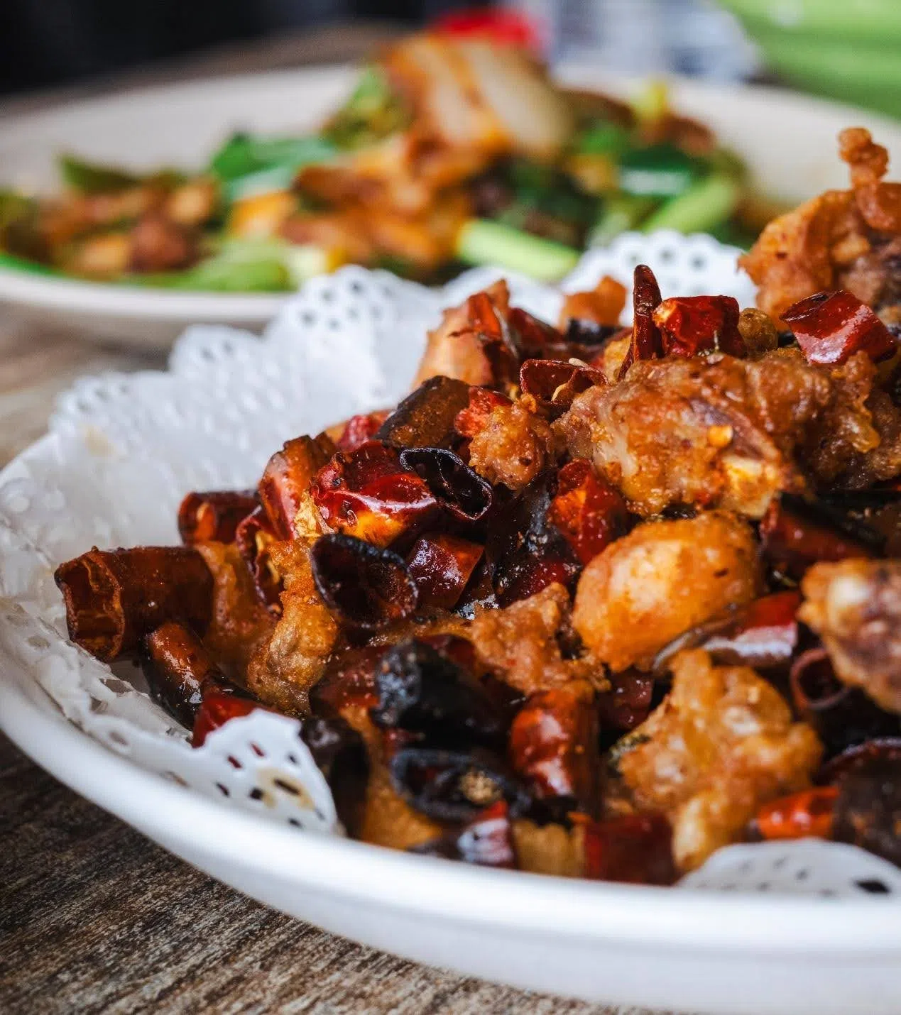 Chilli chicken with dried peppers is among the most popular fried chicken dishes in China. At Eight Sisters, the dried chillis can be eaten directly, like a crispy pepper chip. (Patrick Fleming)