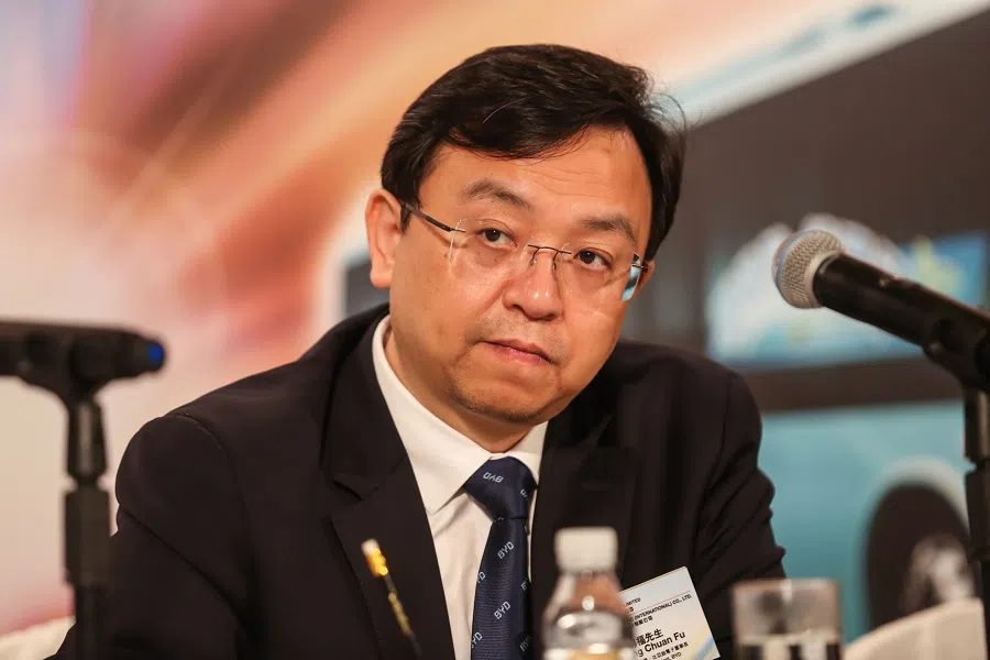 Wang Chuanfu, founder and chairman of BYD Co., attends a news conference in Hong Kong, China, on 28 March 2018. (Billy H.C. Kwok/Bloomberg)