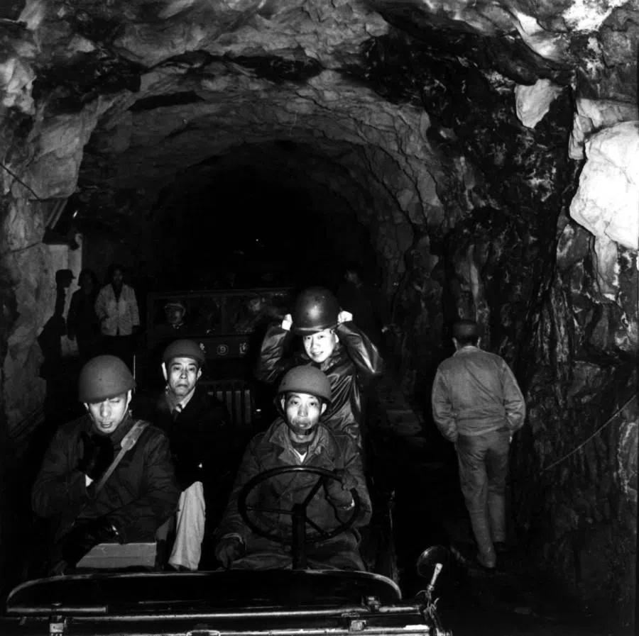 A nationalist military vehicle moving through underground tunnels on Matsu, 1960s. To strengthen defences, extensive underground tunnel systems were dug on both Kinmen and Matsu.