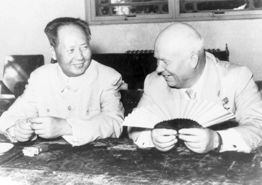 Mao Zedong (left) with Nikita Khrushchev, during the Russian leader's 1957 visit to Beijing. (Wikimedia)