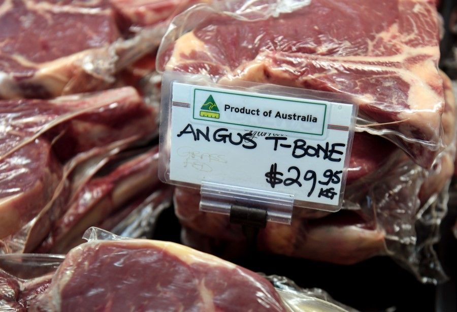 A display of Australian beef sits in a butchers shop in the Melbourne suburb of Yarraville on 12 May 2020. (William West/AFP)