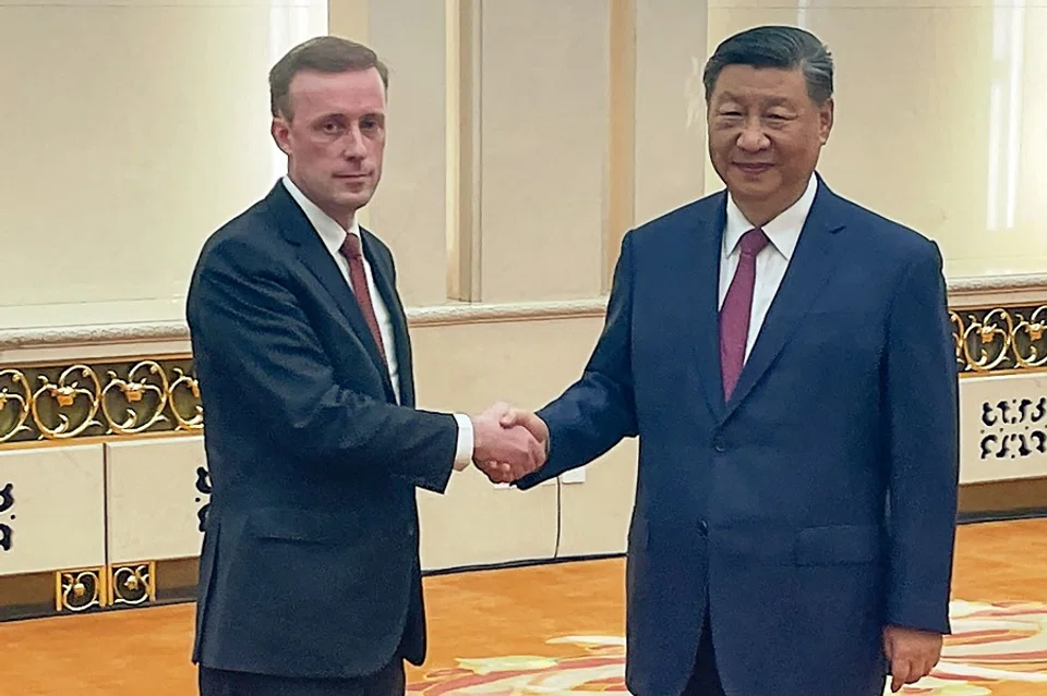 US national security adviser Jake Sullivan shakes hands with Chinese President Xi Jinping (right) during their meeting at the Great Hall of the People in Beijing, China, on 29 August 2024. (Trevor Hunnicutt/Pool/AFP)