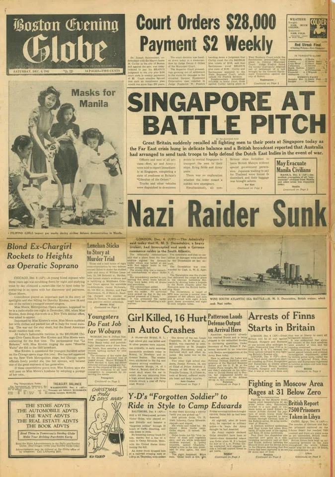 On 6 December 1941, the Boston Evening Globe reported on the battle for Singapore. This was the day before the Japanese surprise attack on Pearl Harbor. During its offensive in China, Japanese troops had already faced several armed skirmishes with Western powers, and the clouds of war hung heavy over the Far East. The report described the preparations in Singapore, but in fact, in mid-February the following year, the Japanese came through the Malay Peninsula and captured Singapore. The seemingly mighty British army turned out to be fragile.