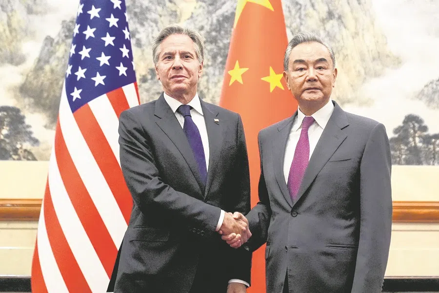 US Secretary of State Antony Blinken (left) meets with China’s Foreign Minister Wang Yi at the Diaoyutai State Guesthouse, on 26 April 2024, in Beijing, China. (Mark Schiefelbein/Pool via Reuters)