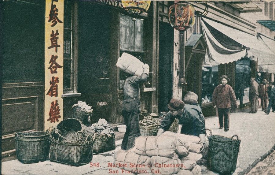 A US postcard from the 1930s, showing the Chinese herbs and medicines sold in Chinatown in San Francisco. Many can also be used for cooking, and they were generally imported to the US from Hong Kong.