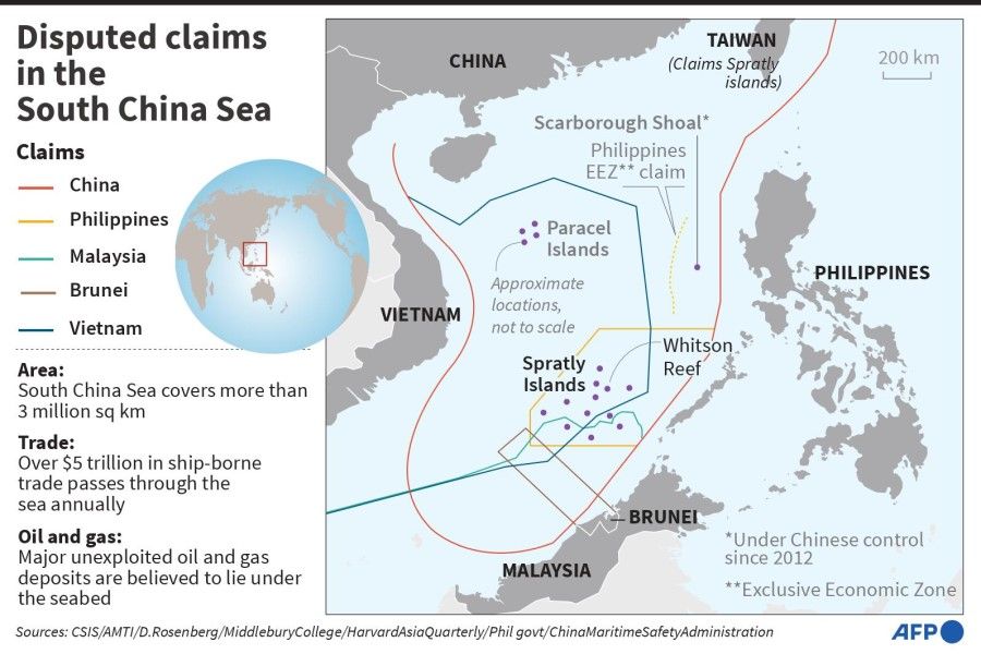This graphic shows the disputed areas of the South China Sea and the respective claimants. (AFP)