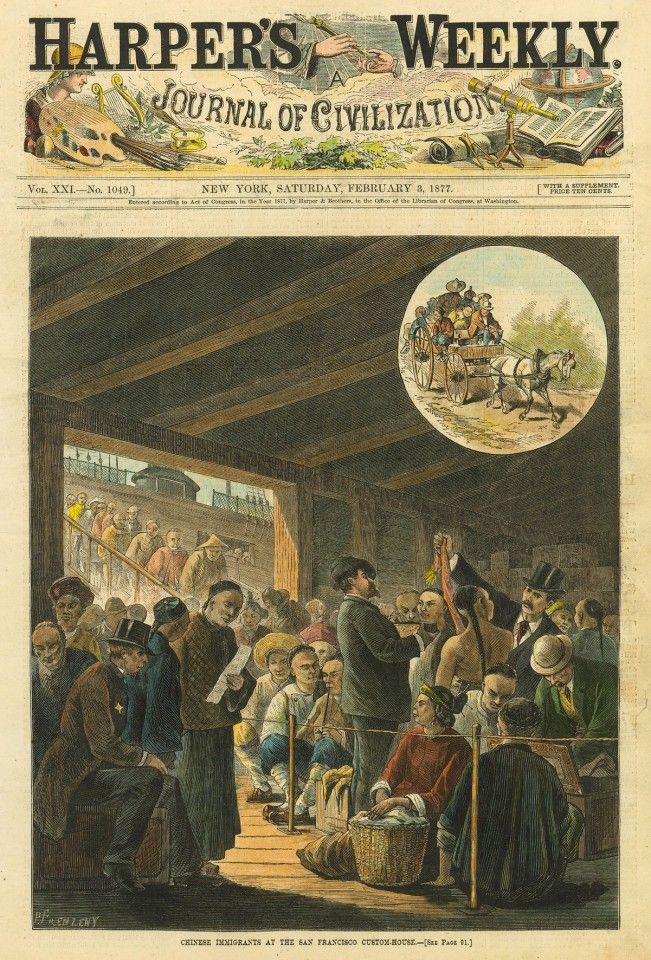 "Chinese Immigrants at the San Francisco custom-house", Harper's Weekly, 3 February 1877. It was a major event in San Francisco each time a ship full of Chinese came in. Police, customs officials, merchants, and others would gather. Each ship would bring about 1,000 Chinese workers, sometimes even more. As the Chinese workers had various ways of smuggling contraband and there were not enough customs officials, the police would cordon off areas and make disembarking Chinese workers stand in rows of about 40 to 45 people each for the customs officials to examine each person's belongings (Note 1). After the inspection, each name was verified with their broker before they were allowed to go. It was a slow and tedious process (Note 2).