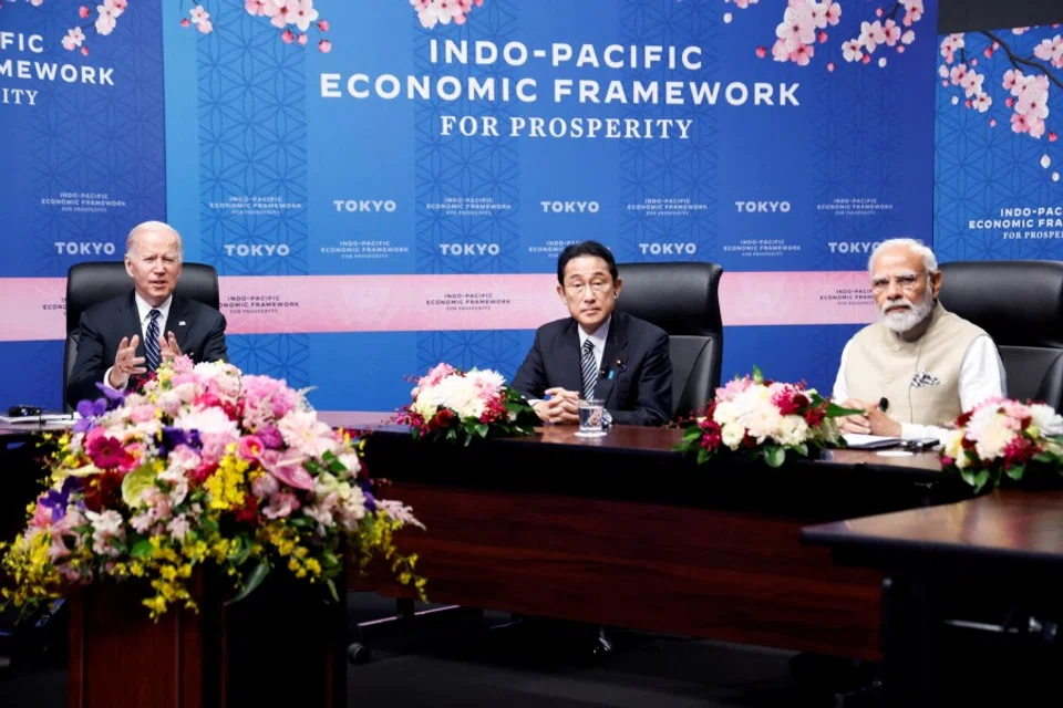 US President Joe Biden delivers remarks along with India's Prime Minister Narendra Modi and Japan's Prime Minister Fumio Kishida during the Indo-Pacific Economic Framework for Prosperity (IPEF) launch event at Izumi Garden Gallery in Tokyo, Japan, 23 May 2022. (Jonathan Ernst/Reuters)