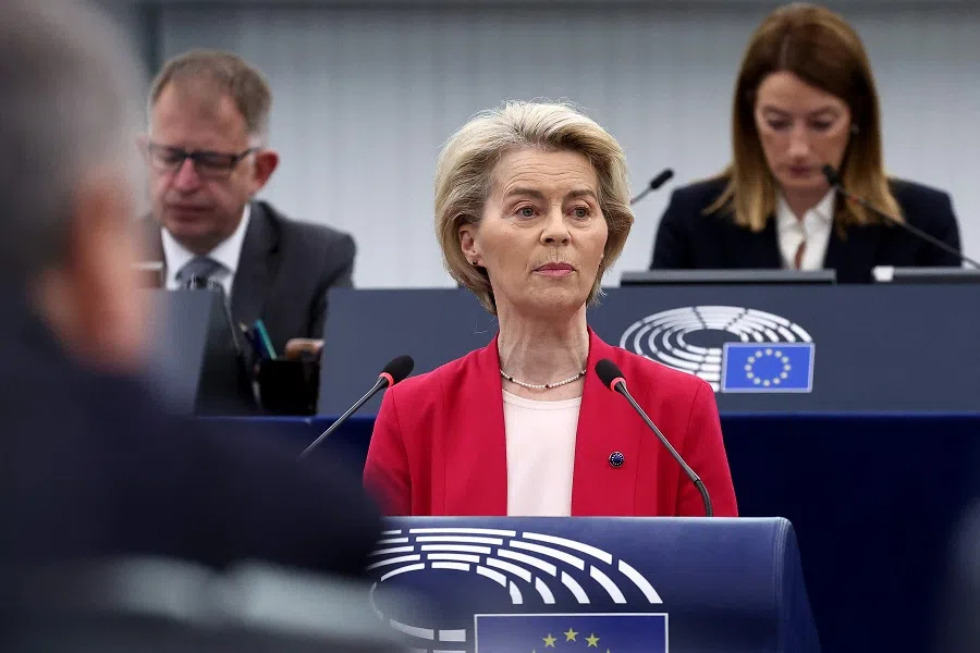 President of the European Commission Ursula von der Leyen speaks during a debate on urgent decisive steps and unwavering support for Ukraine, as part of a plenary session at the European Parliament in Strasbourg, eastern France, on 11 March 2025. (Frederick Florin/AFP)