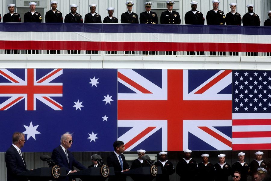 US President Joe Biden, Australian Prime Minister Anthony Albanese and British Prime Minister Rishi Sunak deliver remarks on the Australia-UK-US (AUKUS) partnership, after a trilateral meeting, at Naval Base Point Loma in San Diego, California, US, on 13 March 2023.  (Leah Millis/Reuters)