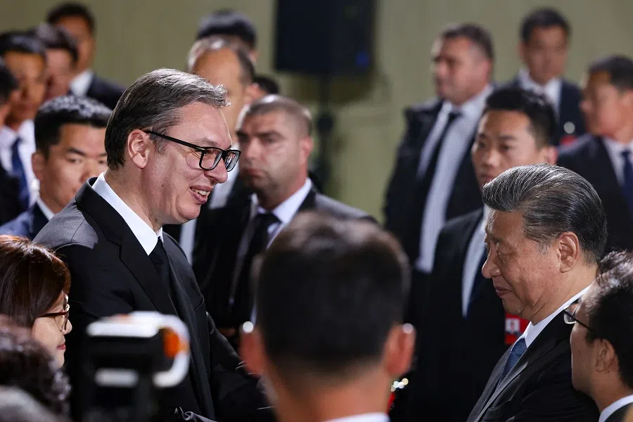 Serbian President Aleksandar Vucic welcomes Chinese President Xi Jinping at Nikola Tesla Airport in Belgrade, Serbia, on 7 May 2024. (Marko Djurica/Reuters)