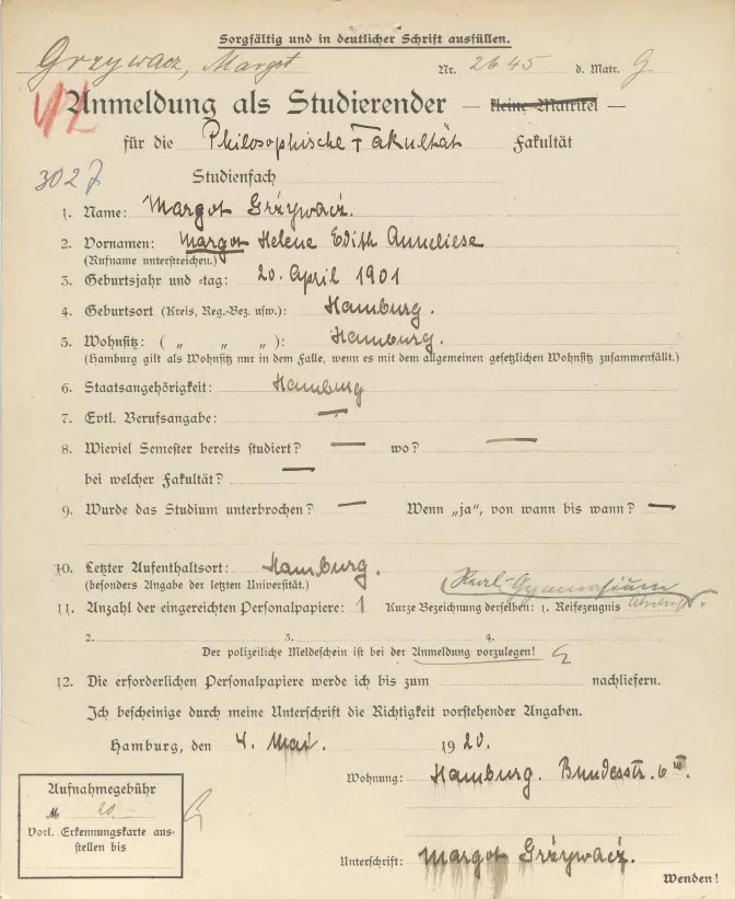 Margot Grzywacz’s matriculation information at the University of Hamburg. (Screenshot from University of Hamburg website)