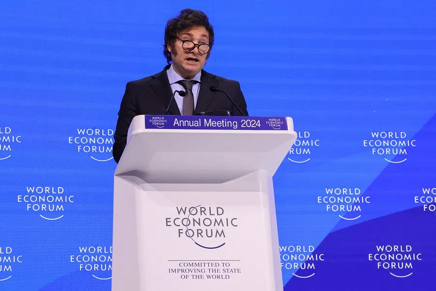 Argentina's President Javier Milei speaks, during the 54th annual meeting of the World Economic Forum (WEF), in Davos, Switzerland, on 17 January 2024. (Denis Balibouse/Reuters)
