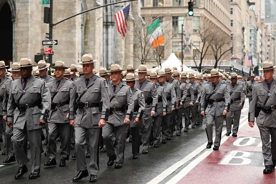 Members of the New York State Police march along 5th Avenue during the annual St. Patrick’s Day Parade in New York City on 17 March 2025. (Charly Triballeau/AFP)