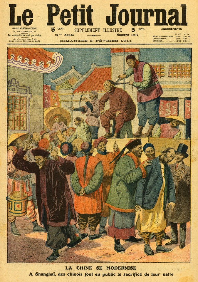 On 5 February 1911, Le Petit Journal carried an article on people cutting off their queues in China, titled "China modernising: Chinese in Shanghai cut off queues in public". Before the Xinhai Revolution, some places in China had people cutting off their queues. The artist depicts some people losing their queues and changing into Western clothes, and being praised by other Chinese in Western clothes, while some conservative elderly are shocked.