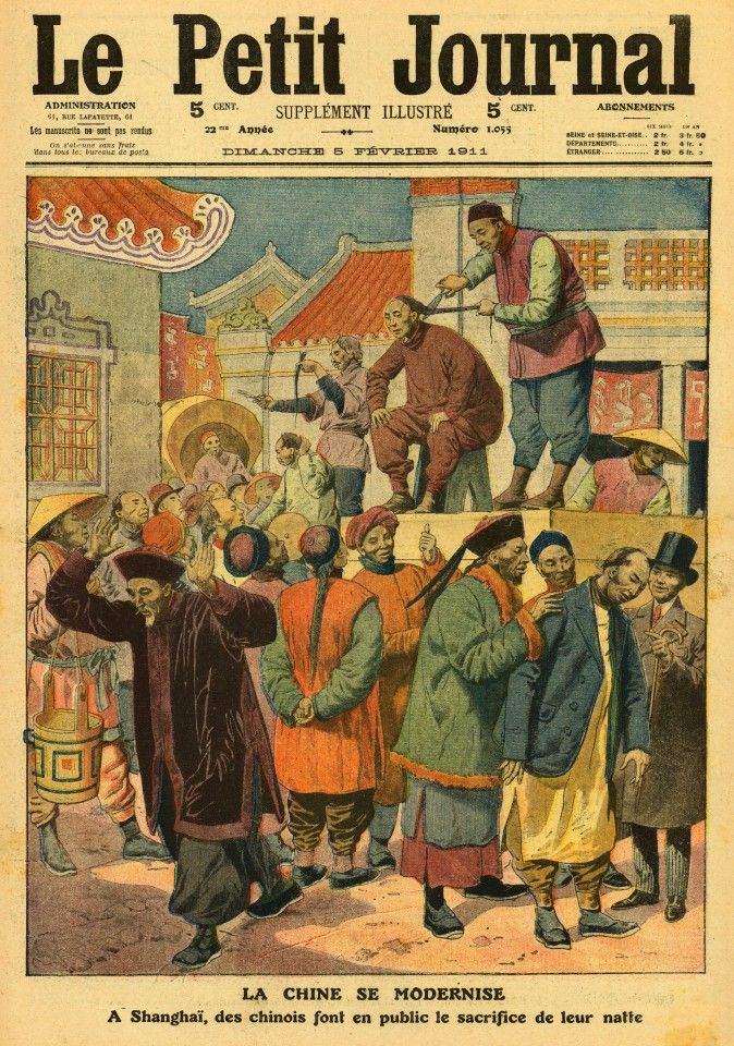On 5 February 1911, Le Petit Journal carried an article on people cutting off their queues in China, titled "China modernising: Chinese in Shanghai cut off queues in public". Before the Xinhai Revolution, some places in China had people cutting off their queues. The artist depicts some people losing their queues and changing into Western clothes, and being praised by other Chinese in Western clothes, while some conservative elderly are shocked.