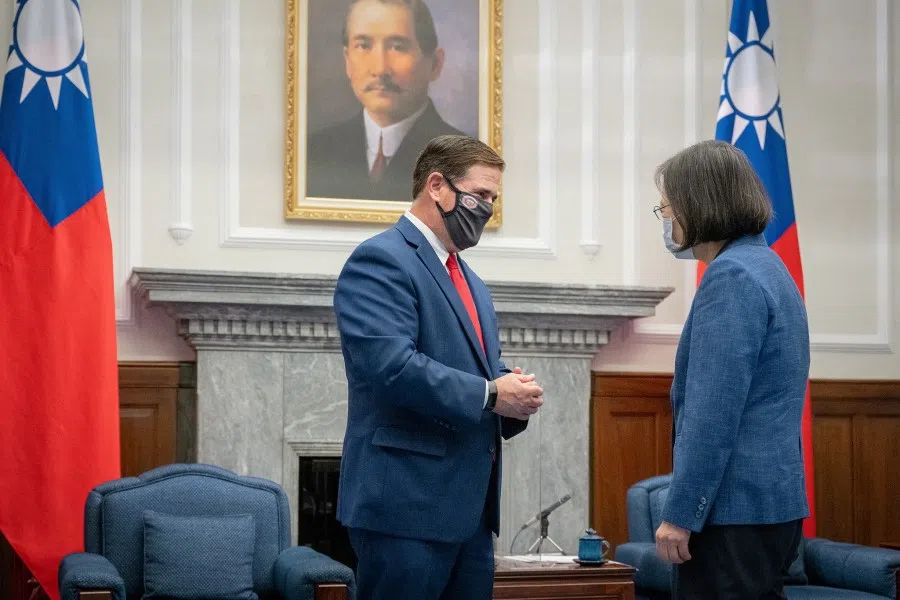 Taiwan President Tsai Ing-wen meets US Arizona Governor Doug Ducey at the presidential office in Taipei, Taiwan in this handout image released 1 September 2022. (Taiwan Presidential Office/Handout via Reuters)