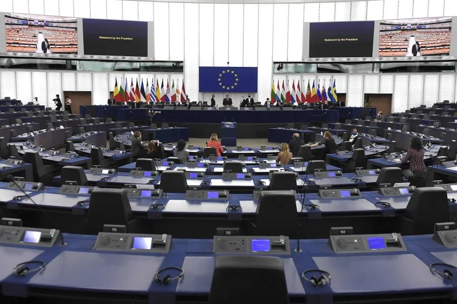 European Parliament President David-Maria Sassoli (centre) opens the plenary session of the European Parliament from the headquarters of the European Parliament in Strasbourg, eastern France, on 14 December 2020. (Frederick Florin/AFP)