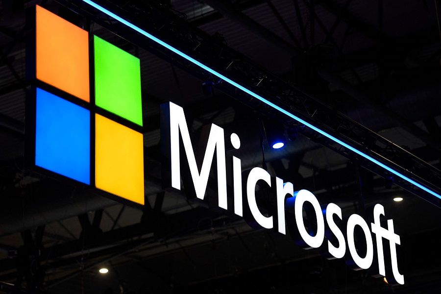 A Microsoft logo is displayed at the MWC (Mobile World Congress) in Barcelona, Spain, on 2 March 2022. (Josep Lago/AFP)